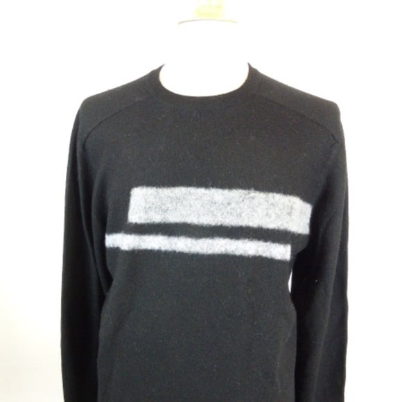 DKNY Donna Karan BLACK GRAY intarsia stripe WOOL crewneck SWEATER vintage L